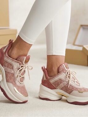 Michael Kors Blush Pink and Gold Olympia Trainer Platform Sneakers